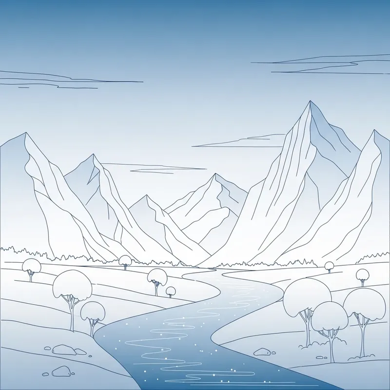 Simple Drawing: Looming Mountains and Sparkling River
