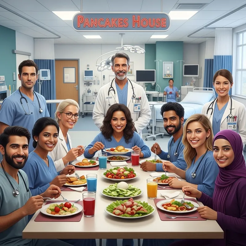 Diverse Cancer Patients & Medical Staff at Pancake House