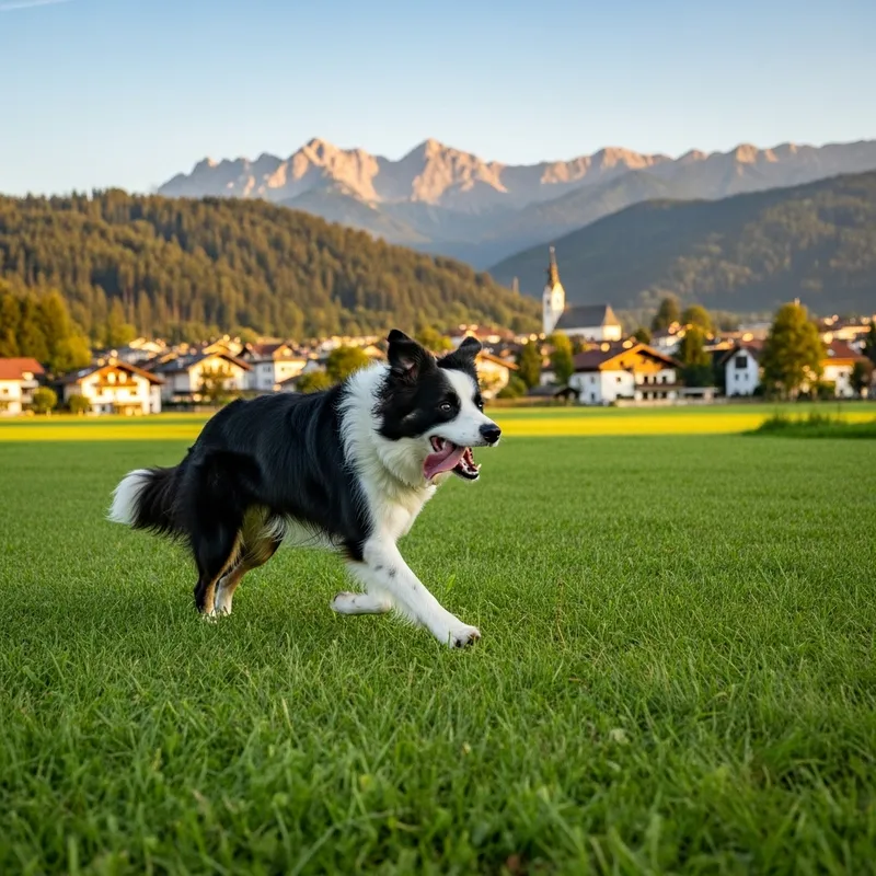 Playful Dog Running Towards the Town