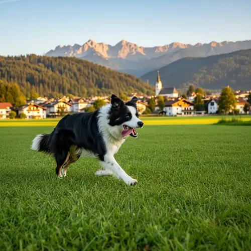 Energetic Black and White Border Collie Running Across Green Field