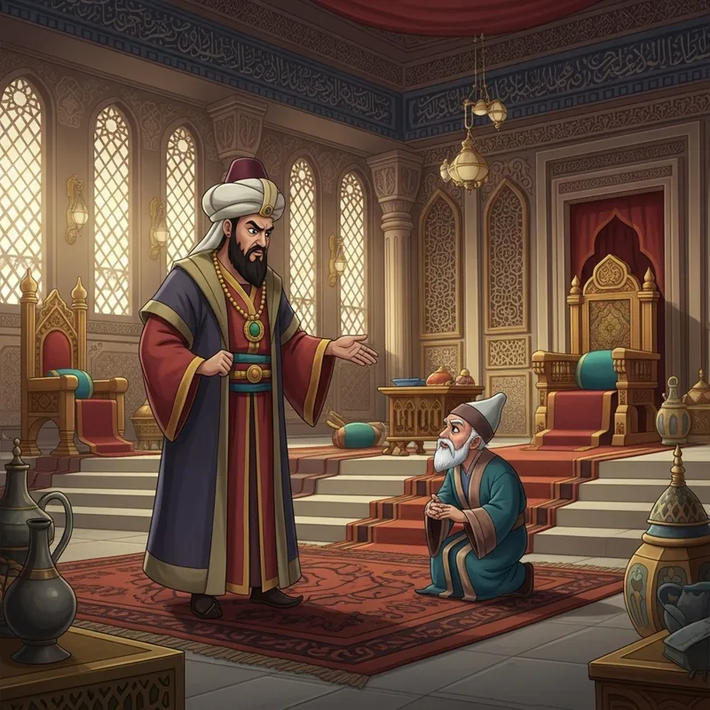 Sultan Punishing Elder Scholar in Ancient Palace Sultan Punishing Elder Scholar in Ancient Palace
