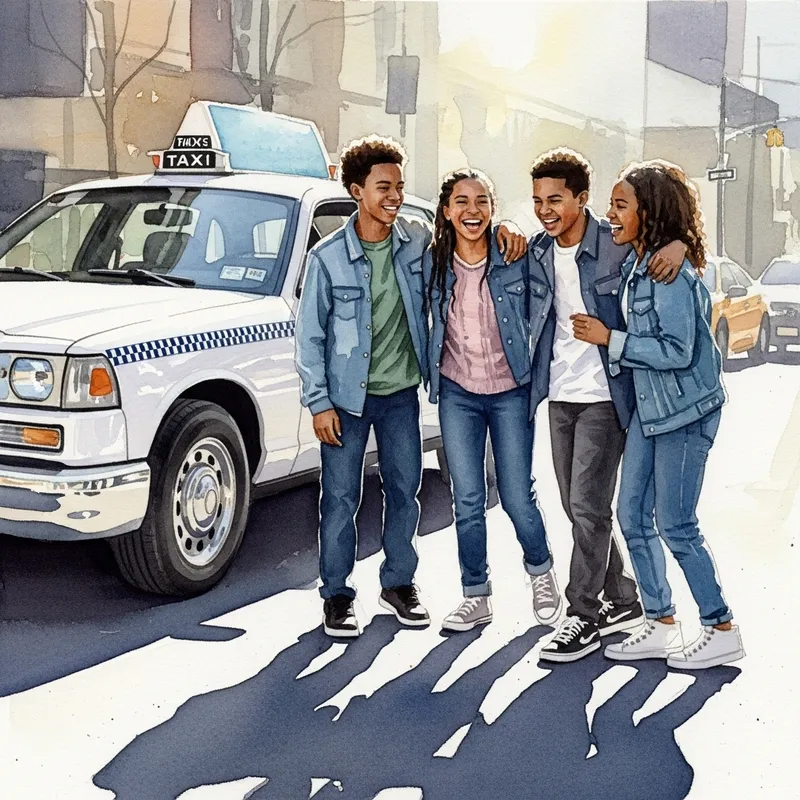 Teenage African American Kids Sharing Laughter by Taxi Cab