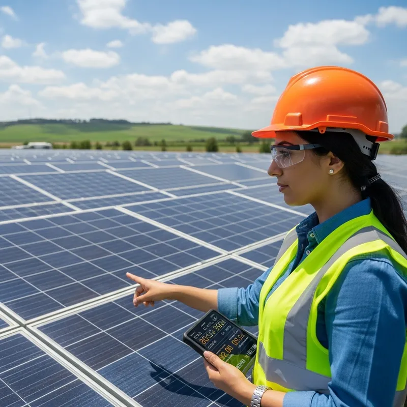 Female Engineer Inspecting Solar Farm for Efficiency