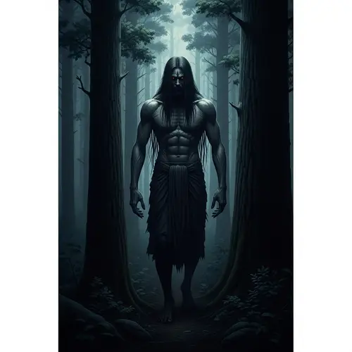 Mysterious South Asian Male Creature in Eerie Forest