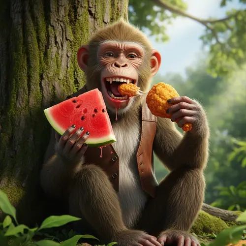 Anthropomorphic Monkey Feast: Watermelon & Fried Chicken Delight