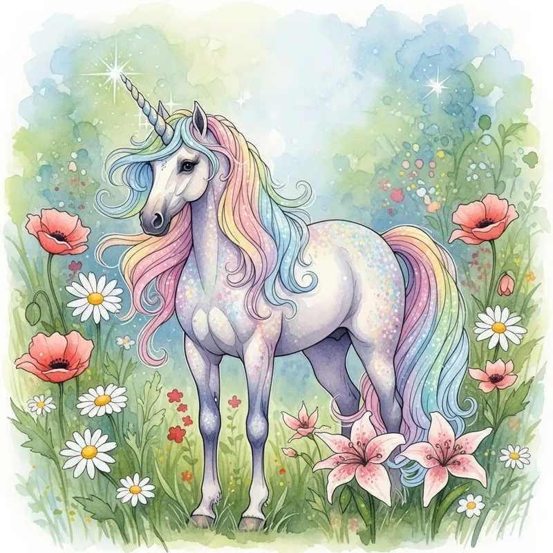 Colorful Magic Unicorn with Flowers in Watercolor Style