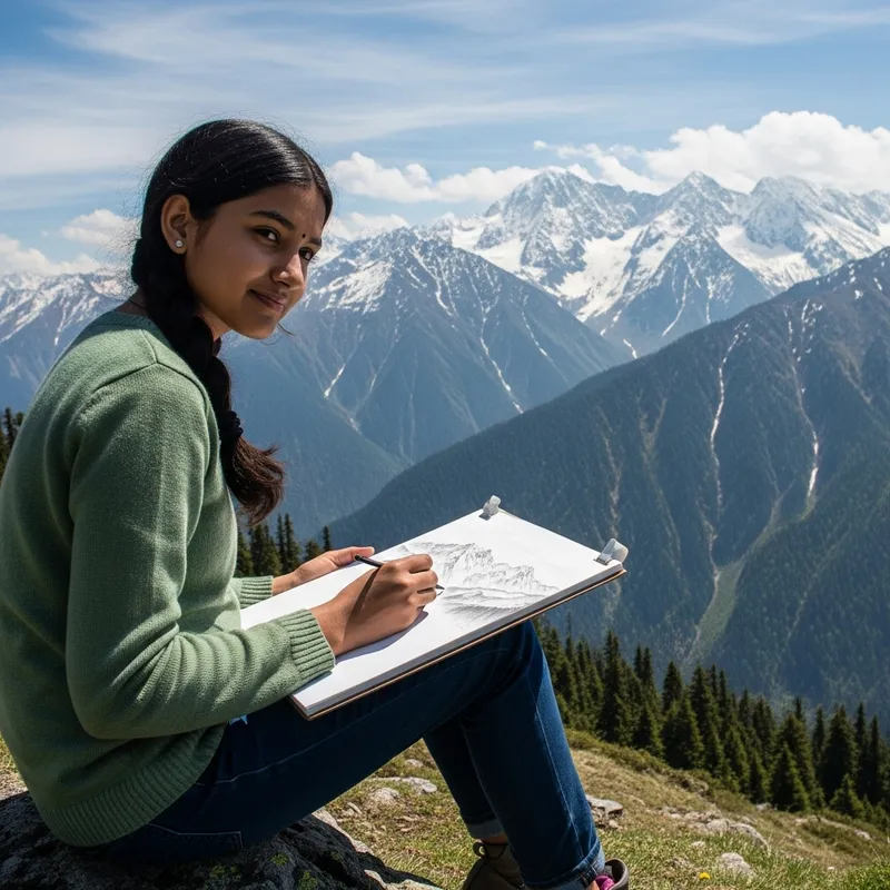 Girl Drawing in High Mountains: Capturing Serene Beauty