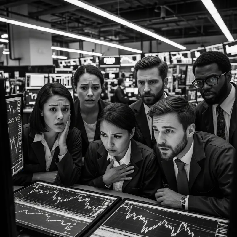 Frustrated Traders Amidst Falling Charts in B&W