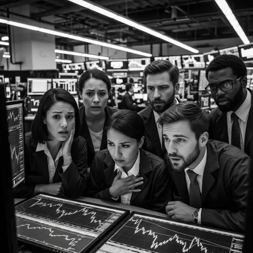 Frustrated Traders Amidst Falling Charts in B&W