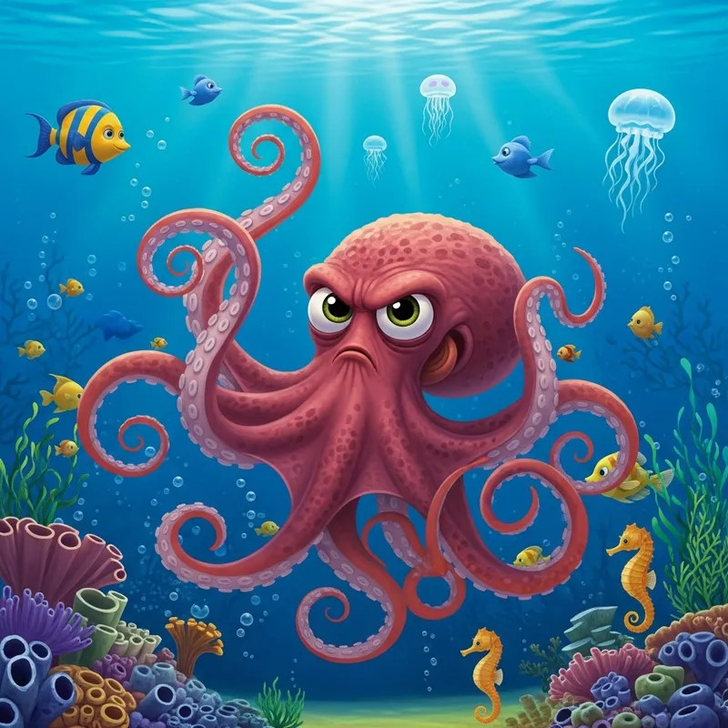 Child-Friendly Cartoon Octopus in Vibrant Ocean Scene Child-Friendly Cartoon Octopus in Vibrant Ocean Scene