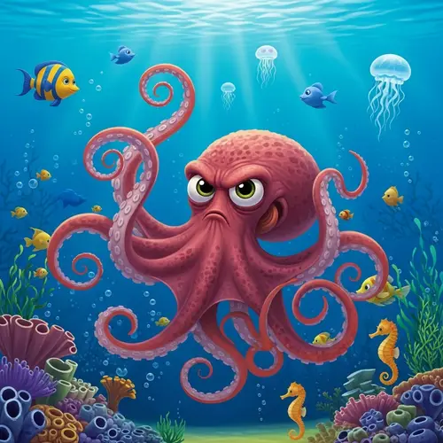 Cartoon Angry Octopus in Ocean for Kids