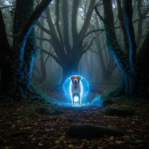 Mystical Blue Light Dog in Forest
