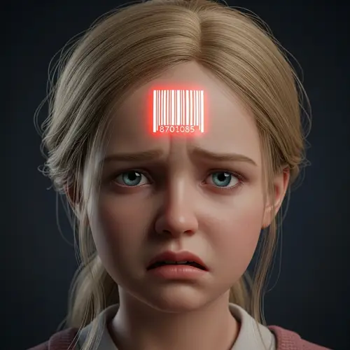 Realistic Young Girl with Glowing Red Barcode Tattoo - Intricate Detail