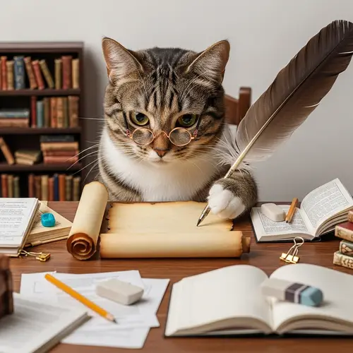 Hard-Working Cat: Studious Feline at Desk with Feather Quill Pen