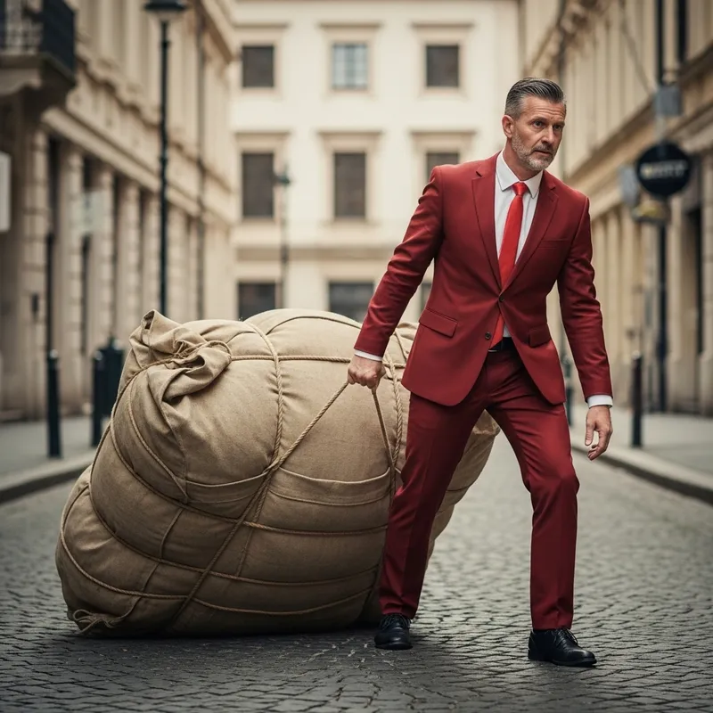 Determined Man in Red Suit Pulling Enormous Load