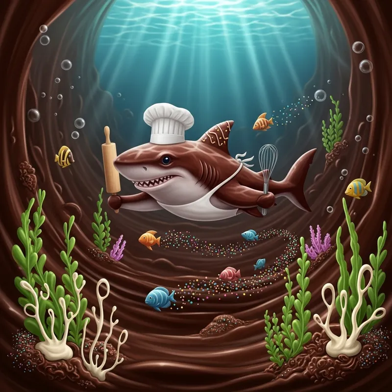 Shark Baker in Chocolate Sea with Algae and Fish
