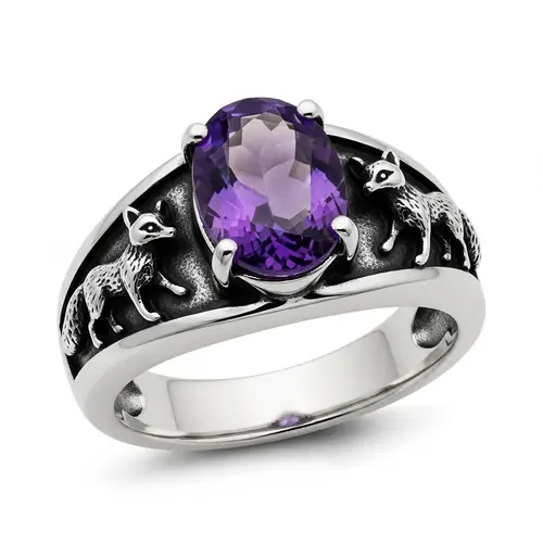 Sterling Silver Men's Ring with Amethyst Gemstone and Foxes