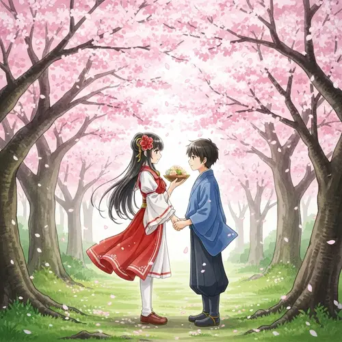 Magical Girl Sakura and Boy in Dreamy Cherry Blossom Garden