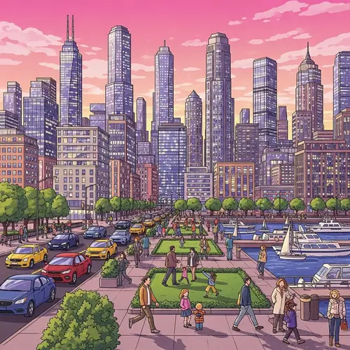 Bustling Cityscape at Sunset: Skyscrapers, Pedestrians, and Waterfront Views