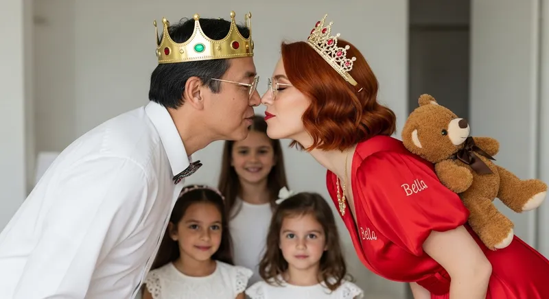 Middle-Aged King and Queen Kiss at Home - Heartwarming Family Moment