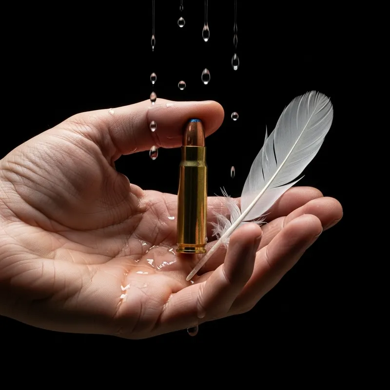 Human Hand Holding Ammunition Cartridge, White Feather, Tears - Emotional Image
