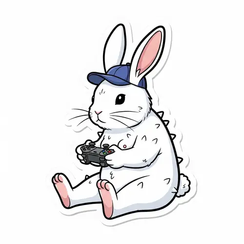 Colorful Cartoon White Rabbit Gaming with Game Controller