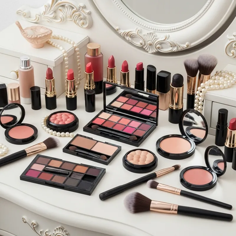 Vintage-Inspired Makeup Collection on Elegant Vanity Table