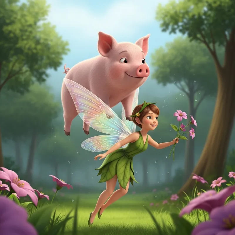 Playful Pig with Fairy in Enchanting Scene