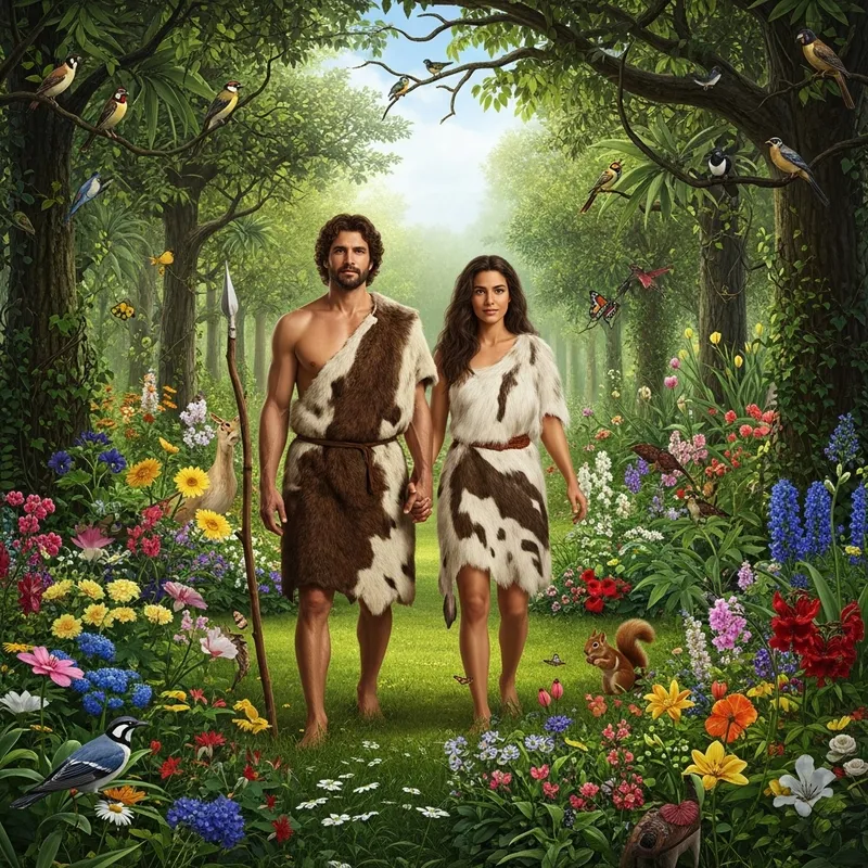 Adam and Eve in Garden of Eden: Lush Greenery & Wildlife