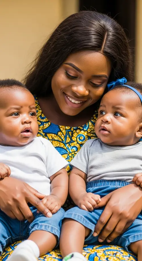 Young Black Nigerian Woman with Twin Infants - Family Love Portrait