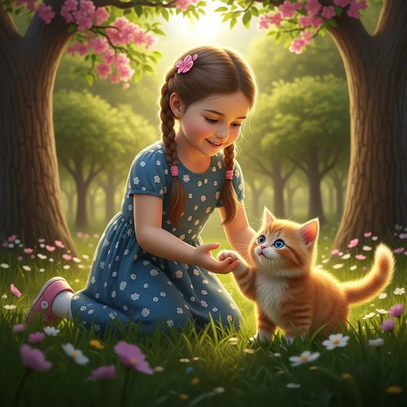 Enchanting Scene of Young Caucasian Girl Catching Ginger Cat in Vibrant Park
