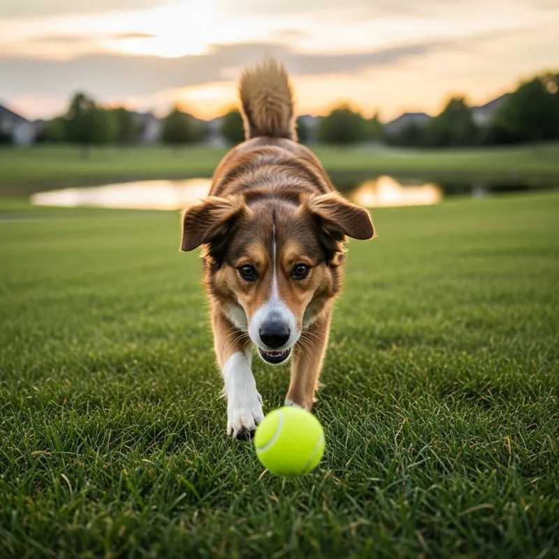 Playful Dog Chasing Tennis Ball in Park Playful Dog Chasing Tennis Ball in Park