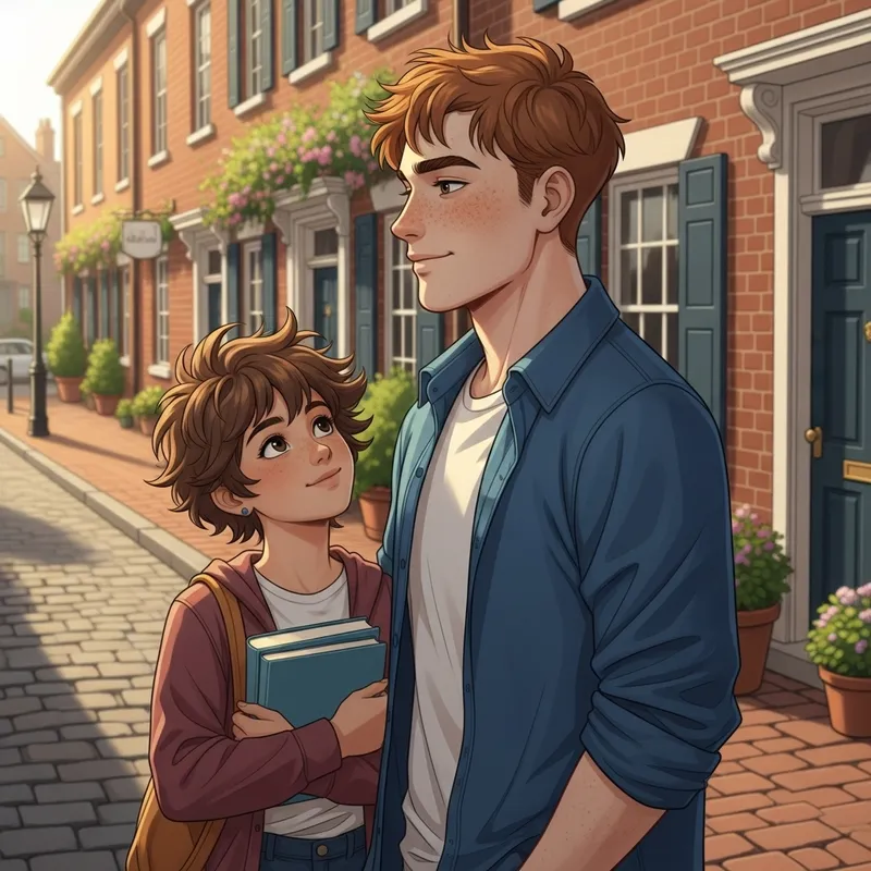 Short Hispanic Girl and Tall Red-Haired Guy with Books on Quiet Street