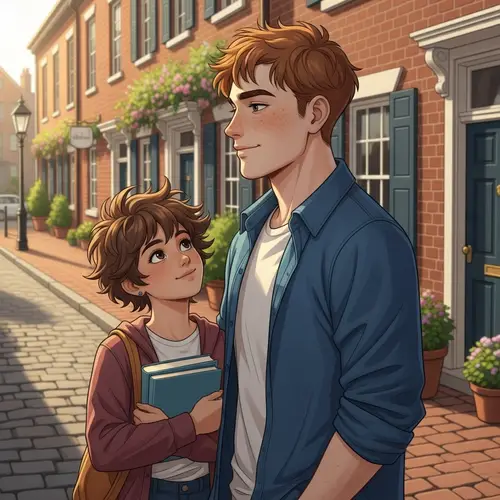 Short Hispanic Girl and Tall Red-Haired Guy on Cobblestone Street