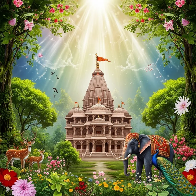 Divine Grace: Indian Temple in Lush Greenery with Elephant, Deer & Peacock