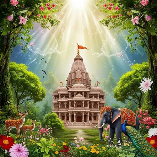Divine Grace: Indian Temple with Elephant, Deer & Peacock