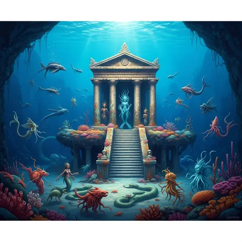 Mystical Underwater Temple Painting with Mythical Sea Creatures