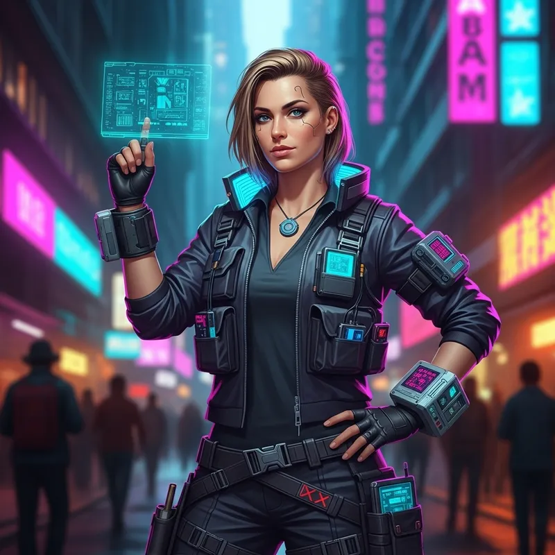 Blonde Netrunner Woman in Cyberpunk Cityscape