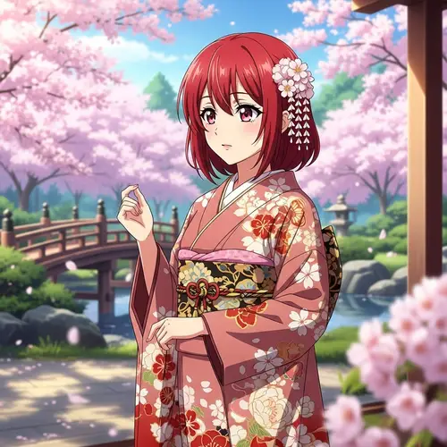 Elegant Anime Character with Vibrant Red Hair in Traditional Kimono
