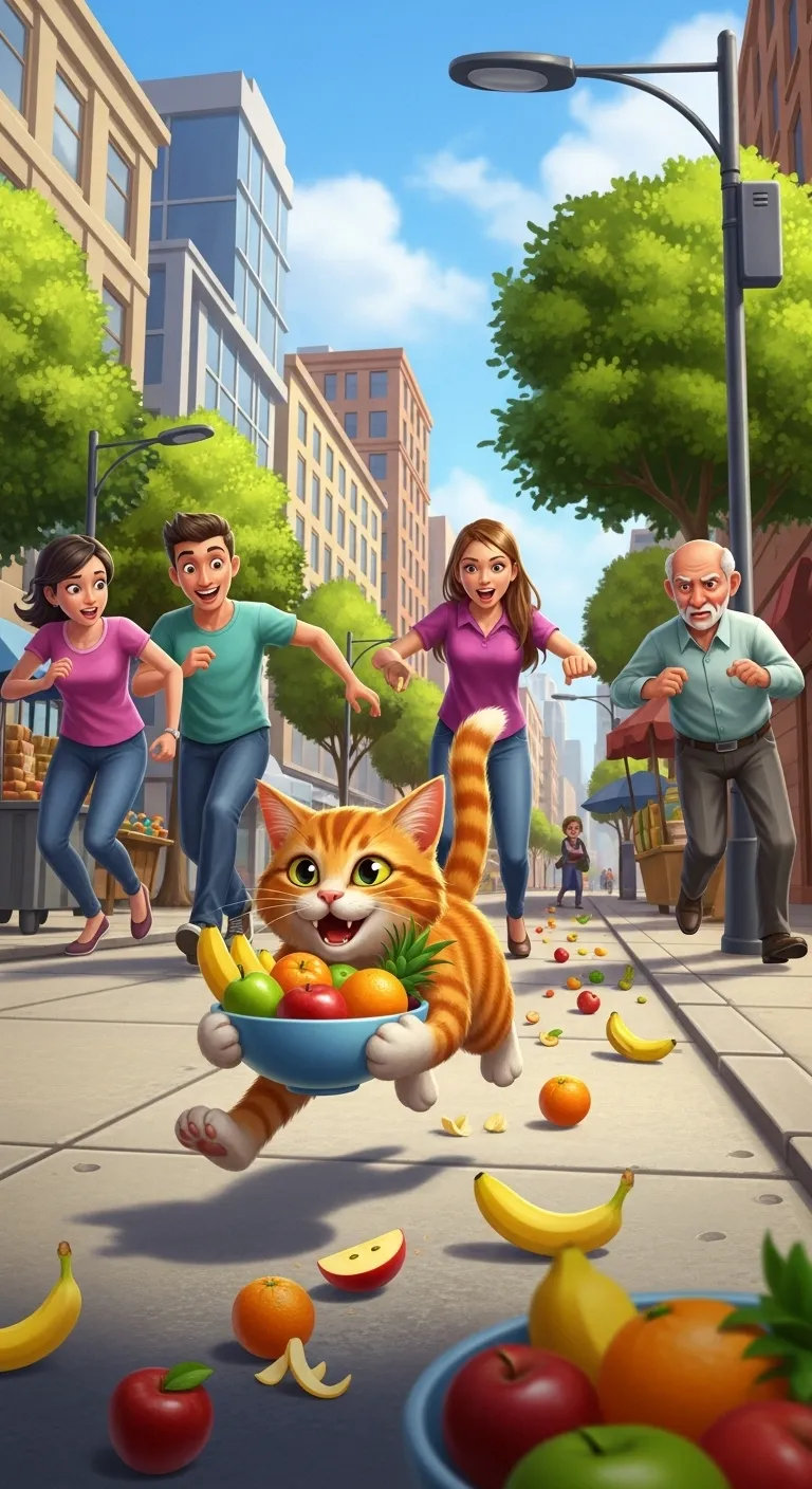 Chasing the Frisky Tabby Cat with Fruits