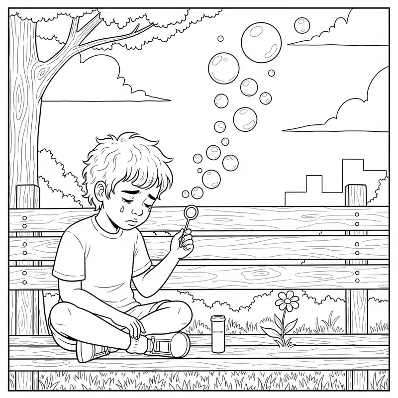 Sad Child Blowing Bubbles: Comic-Like Scene of Innocence