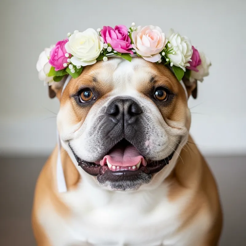 Adorable Bulldog with Flower Crown - Charming Portrait