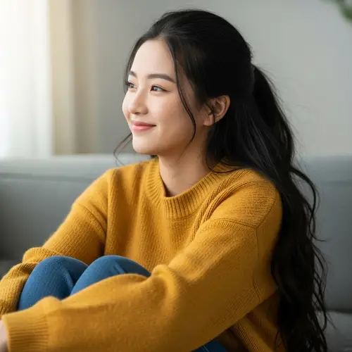 Adorable Asian Girl with Cozy Sweater and Long Hair