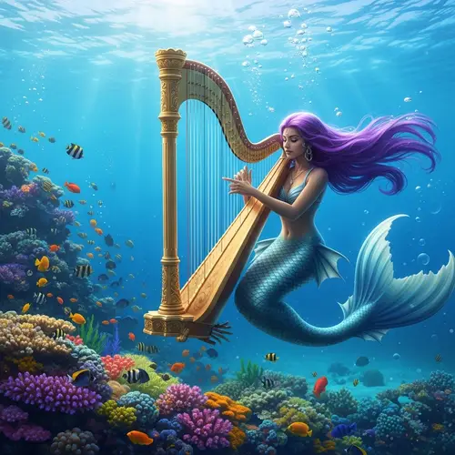 South Asian Mermaid Playing Golden Harp in Dreamlike Underwater Scene