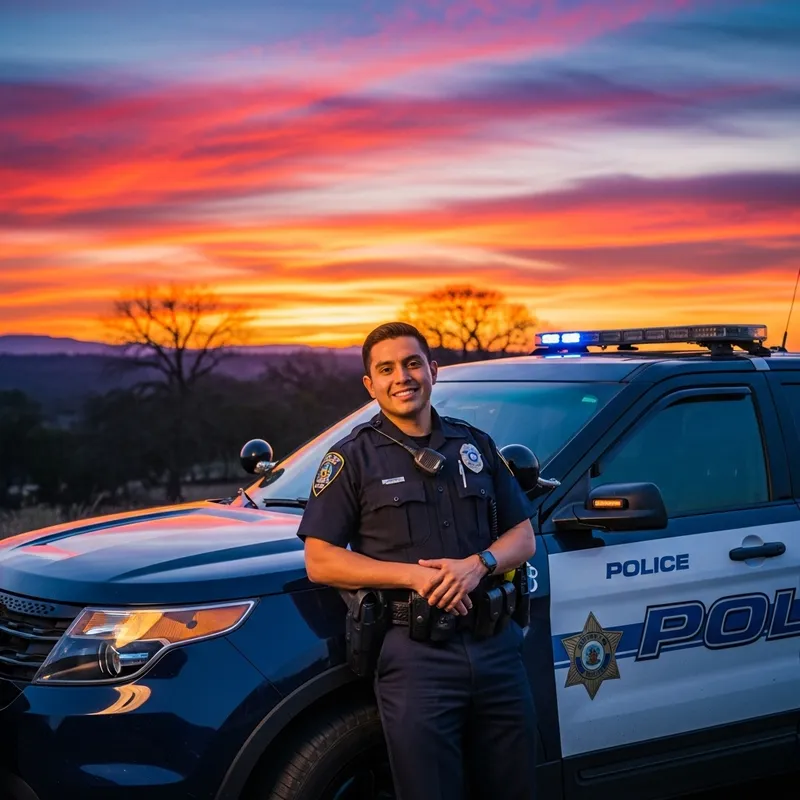 Hispanic Male Police Officer Poses with American Scout Car at Sunset with Colorful Background