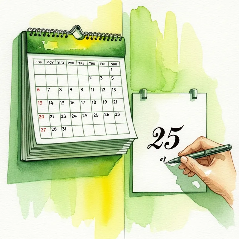 Watercolor Calendar: Handwriting 25 in Green and Yellow