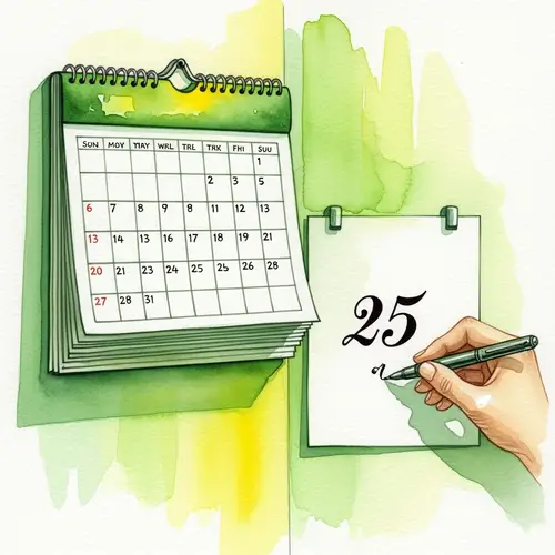 Watercolor Calendar Art: Handwriting Number 25 in Green and Yellow