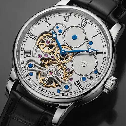 Detailed Technical Wristwatch with Exposed Gears and Balance Wheel