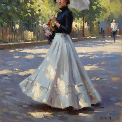 Asian Woman in Elegant Skirts - Impressionistic Art Style