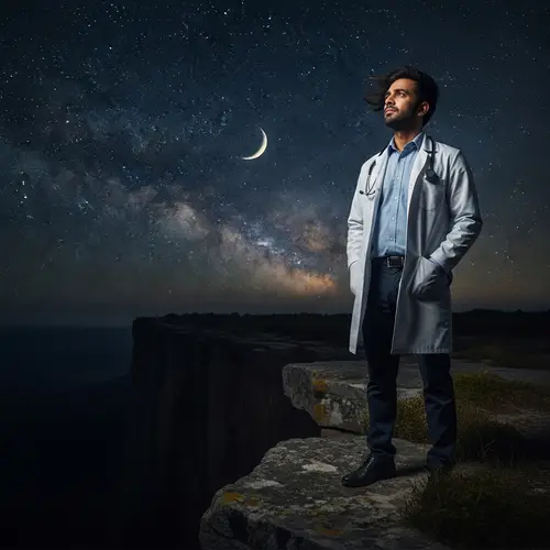 Indian Doctor on Cliff Under Starry Sky | Pensive Contemplation